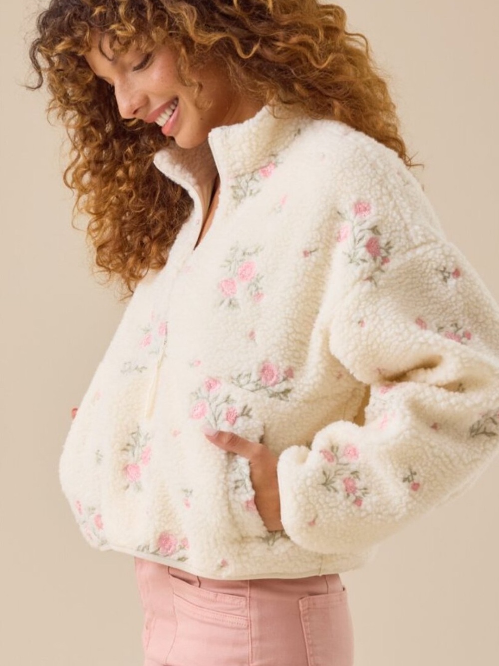 ALTARD STATE Cozy Floral Sherpa Half-Zip Jacket - Cream with Pink Roses - Picture 2 of 8